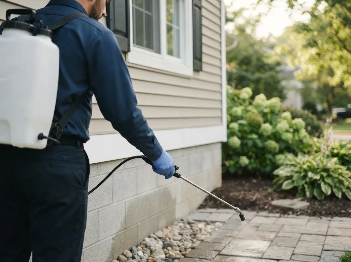 Pest control technician inspecting a home in Loveland, OK